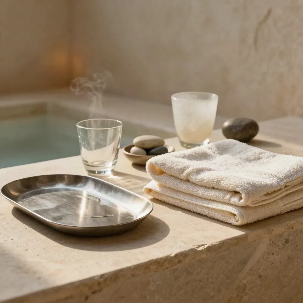 Tre allestimenti spa su pietra chiara con vassoio metallico, asciugamani e bicchiere minerale.