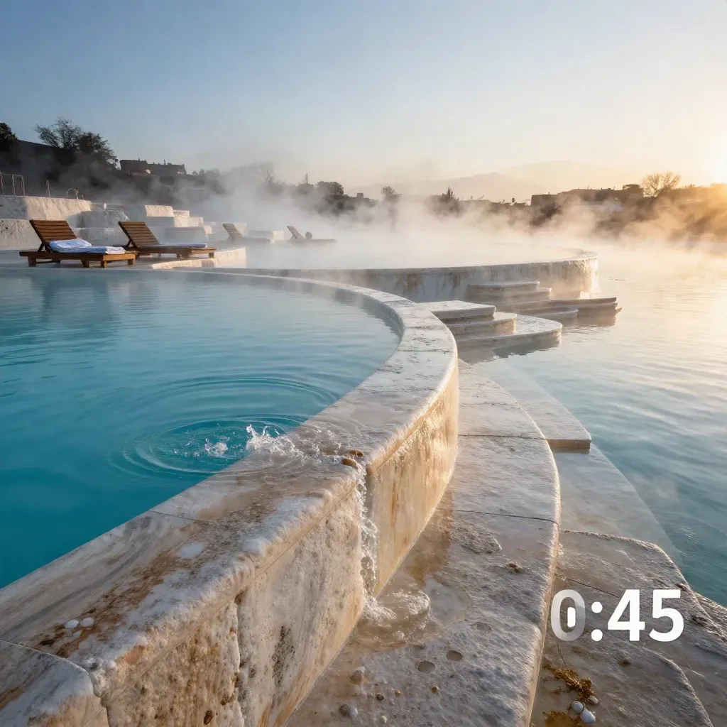 Piscina termale all’alba con vapore, travertino e acqua azzurra in un resort sereno