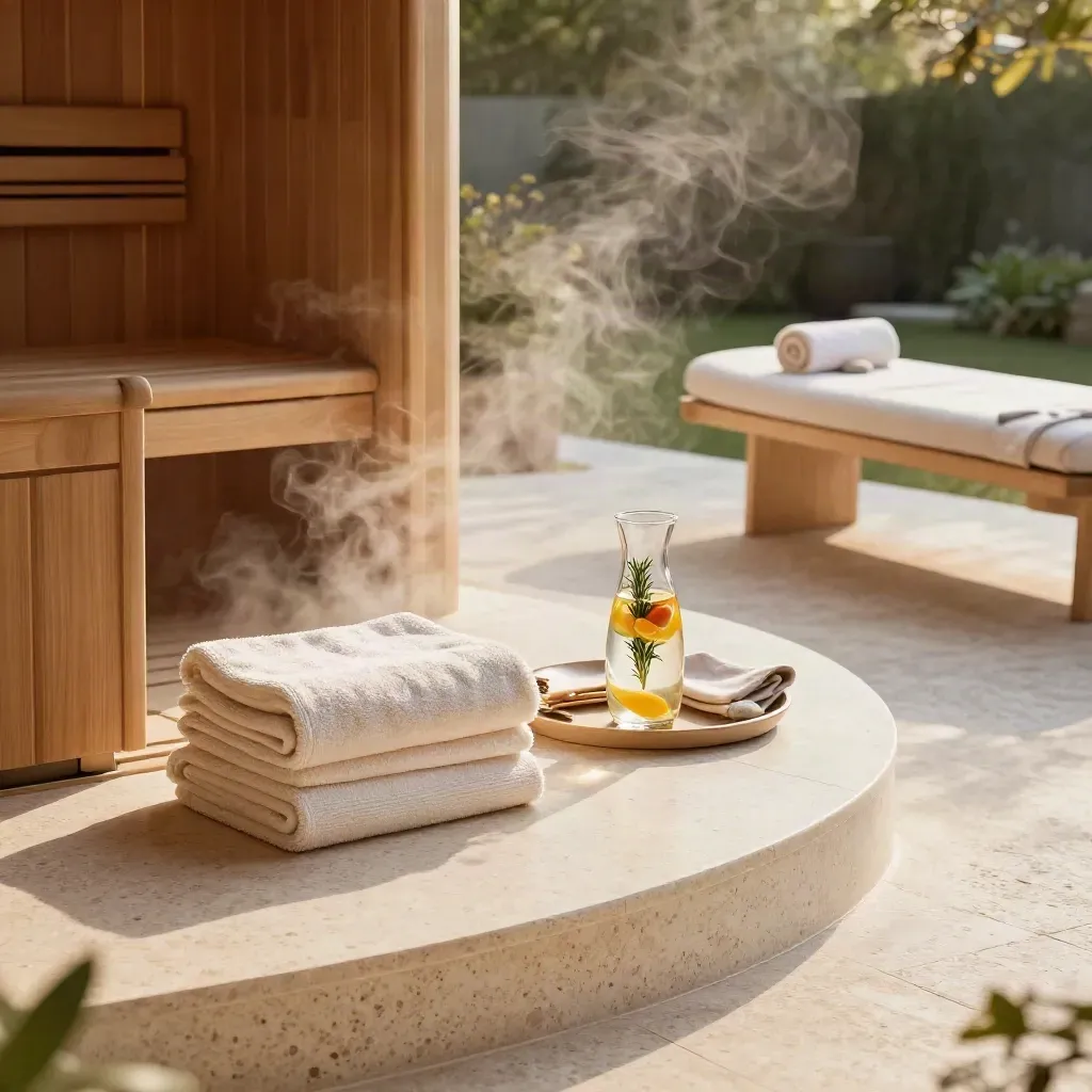 Terrazza termale con sauna, asciugamani, acqua alla frutta, vassoio pranzo e lettino trattamenti.