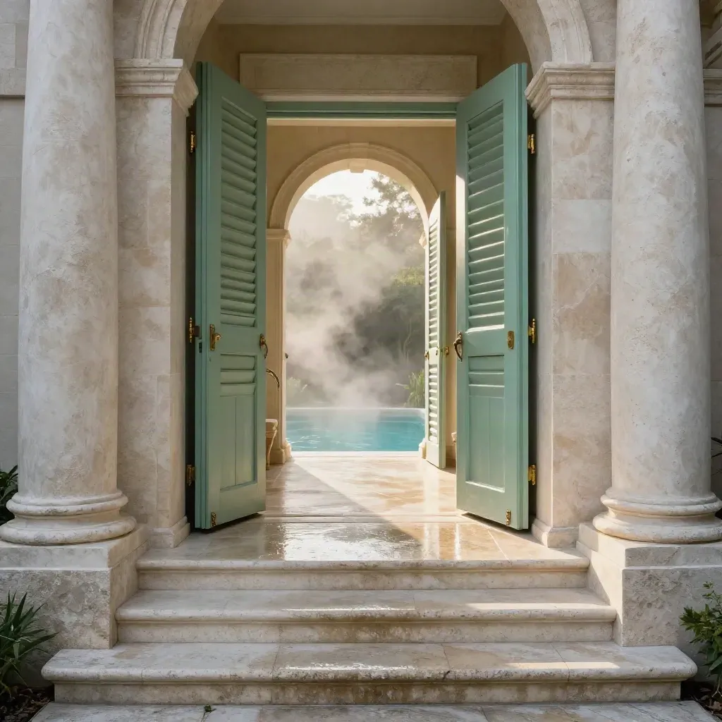 Ingresso termale con persiane socchiuse e vapore mattutino che illumina il corridoio.
