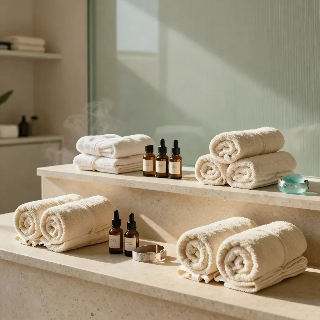 Espositore spa ordinato con tre pacchetti benessere su pietra chiara, tra vapore e toni sabbia