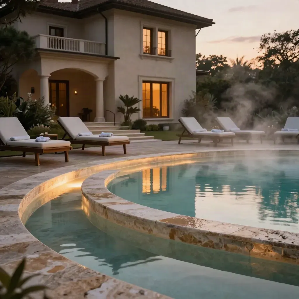 Piscina termale al tramonto con vapore, lettini vuoti e villa illuminata
