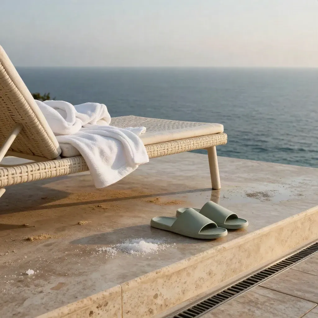 Terrazza termale vista mare con due lettini vuoti, accappatoi piegati e ciabatte in attesa