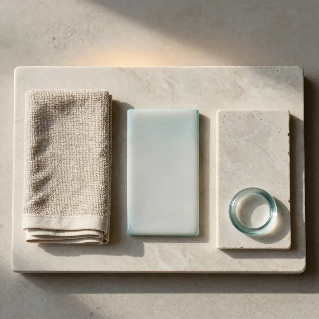 Flatlay di tre campioni spa su pietra, con luce calda e spazio pulito.