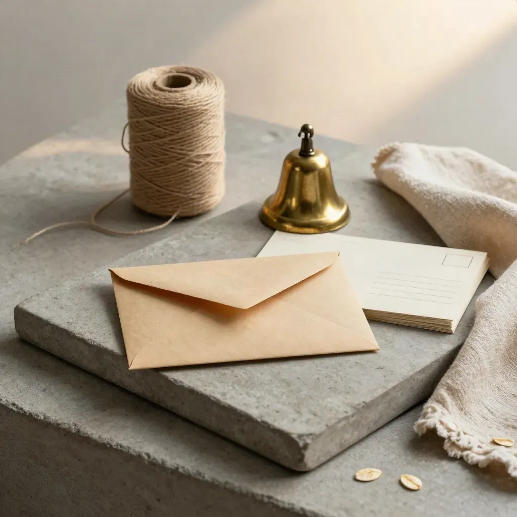 Busta sigillata, spago, campanello in ottone e cartoline su vassoio di pietra.