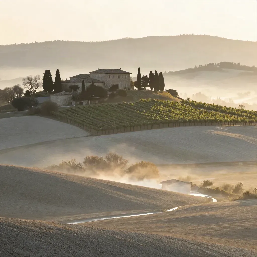 Colli Euganei all’alba con villa in cresta e valle termale velata di nebbia