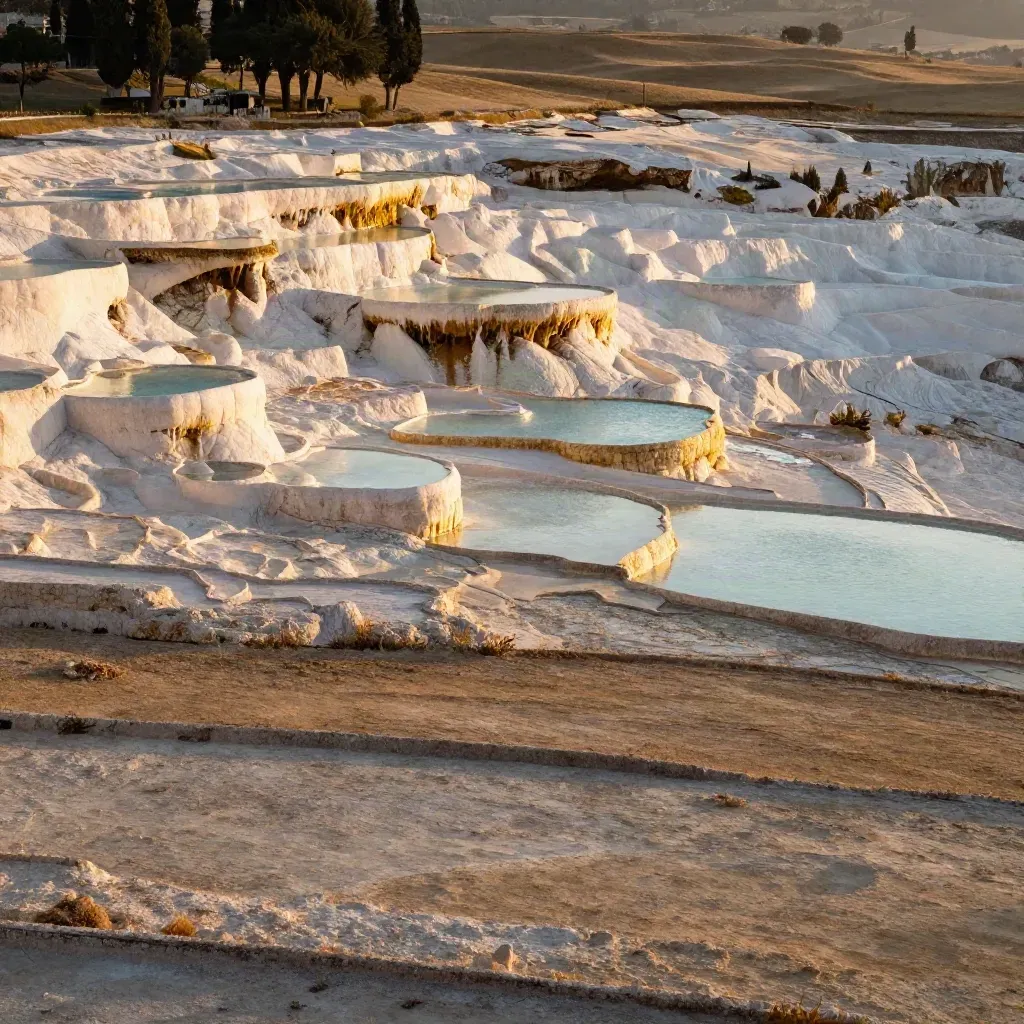 Terrazze di travertino di Saturnia al sole basso, cipressi e campi morbidi in atmosfera calda