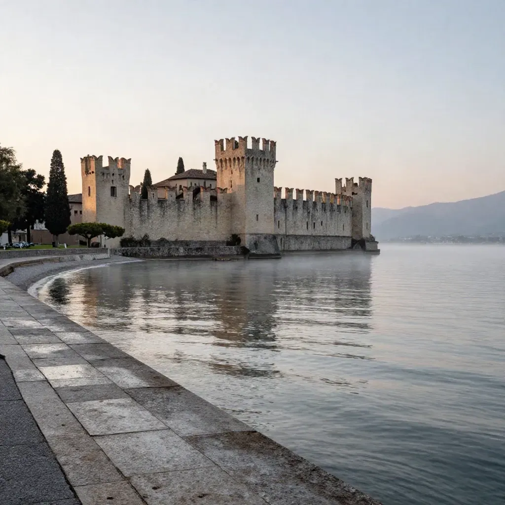 Castello di Sirmione e Lago di Garda al crepuscolo, con acqua calma e nebbia leggera.