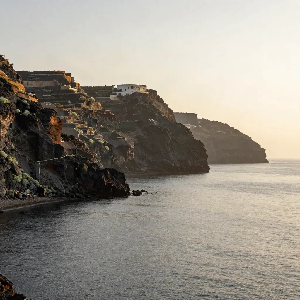 Scogliera vulcanica di Ischia al tramonto, mare calmo e terrazze verdi in alto.
